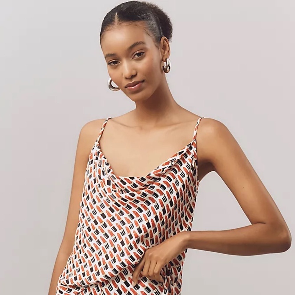 Anthropologie Silky Cowl-Neck Tank Top with Fun Lipstick Print- size X-Large NWT